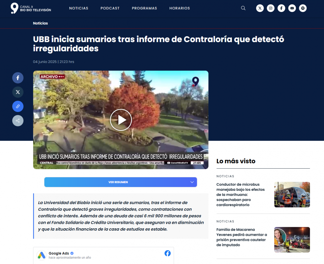 Canal 9 Regional: UBB inicia sumarios tras informe de Contraloría que detectó irregularidades
